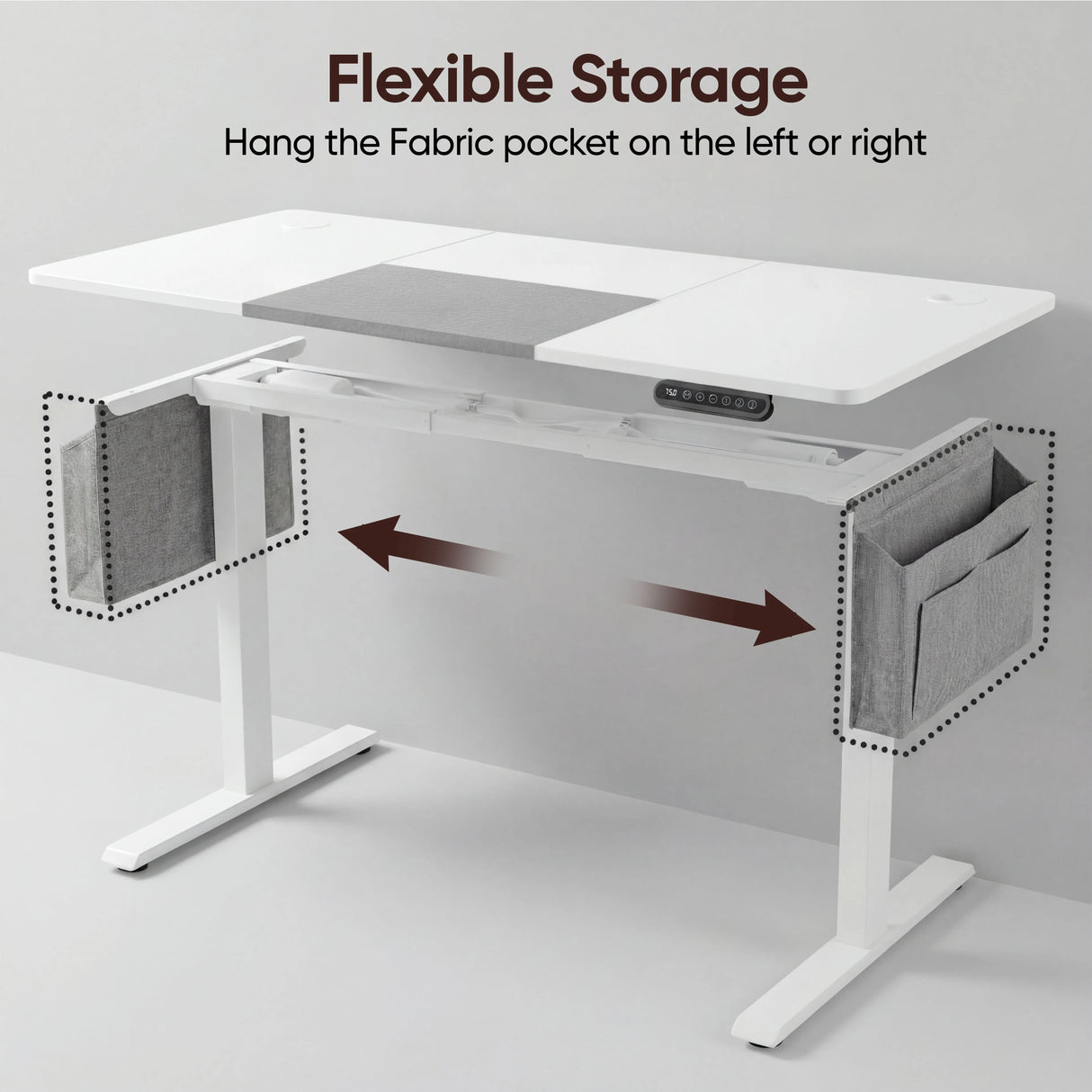 Flexible storage options on White Electric Standing Desk with fabric pockets attachable on either side for personalized organization.