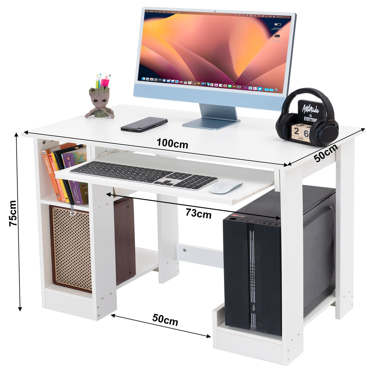 White small computer desk for bedroom dimension: 100cm wide, 50cm deep, 75cm high, with 50cm under-desk legroom