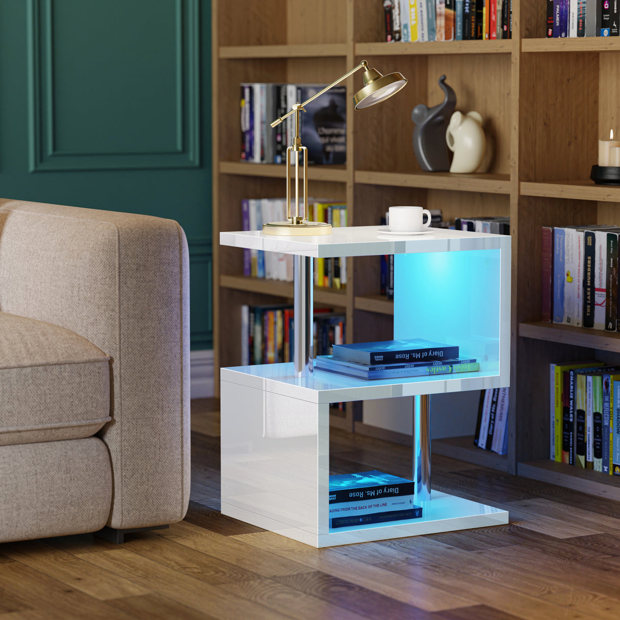 White side table with blue LED lighting in a living room setting