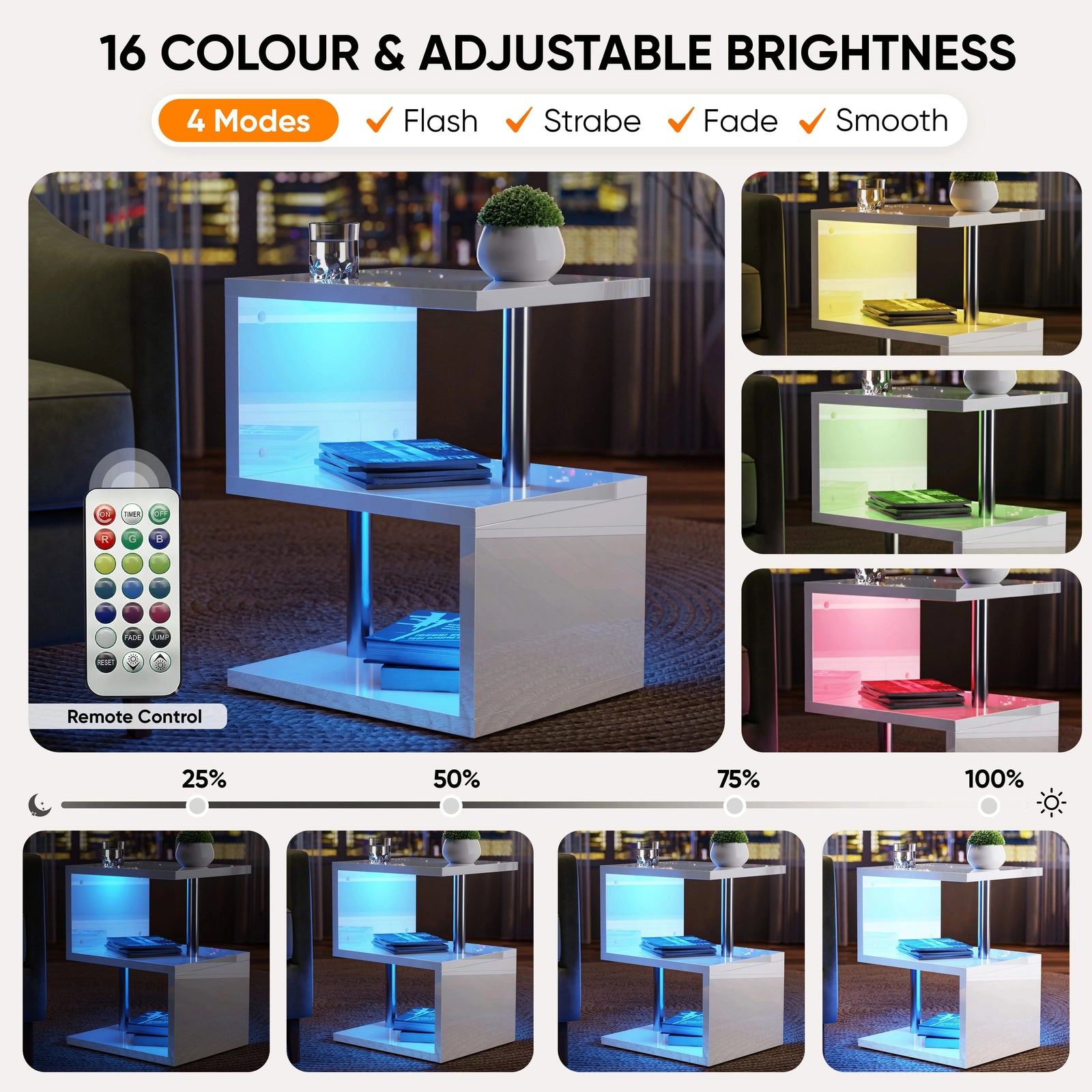 [White] White side table feature collage of LED colours, modes and brightness steps with remote control diagram