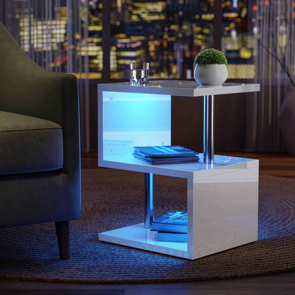 Modern side table with LED lighting in a living room setting
