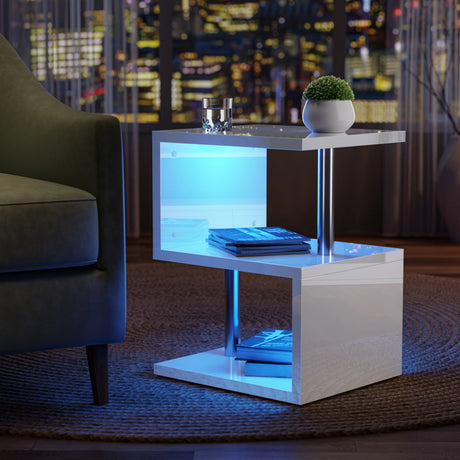 Modern side table with LED lighting in a living room setting