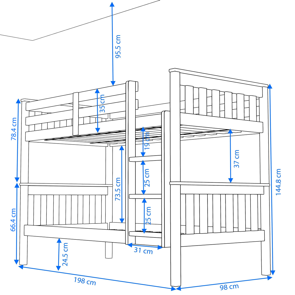 [White] Dimension line drawing for White Solid Wood Detachable Double Bunk Bed showing 144.8cm height and 198cm length.