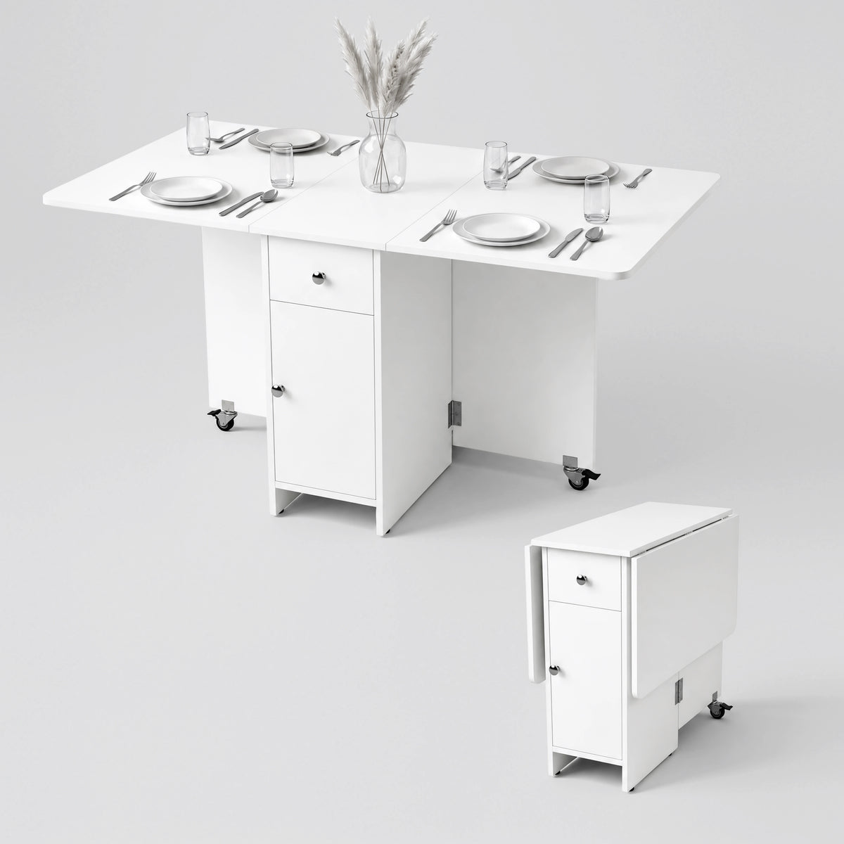 [White] Space saving folding dining table for four shown with opened leaves & shown compact with both leaves folded on wheels