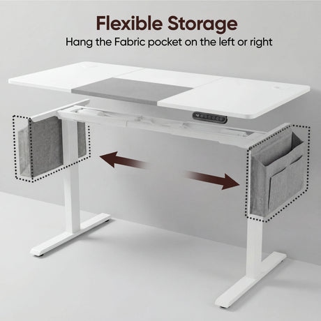 White Electric Standing Desk - Height Adjustable Office Desk with dual-position fabric storage pocket for customizable organization.