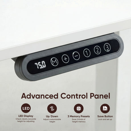 Close-up of advanced control panel on White Electric Standing Desk with LED display, memory presets, and up/down height adjustment buttons.