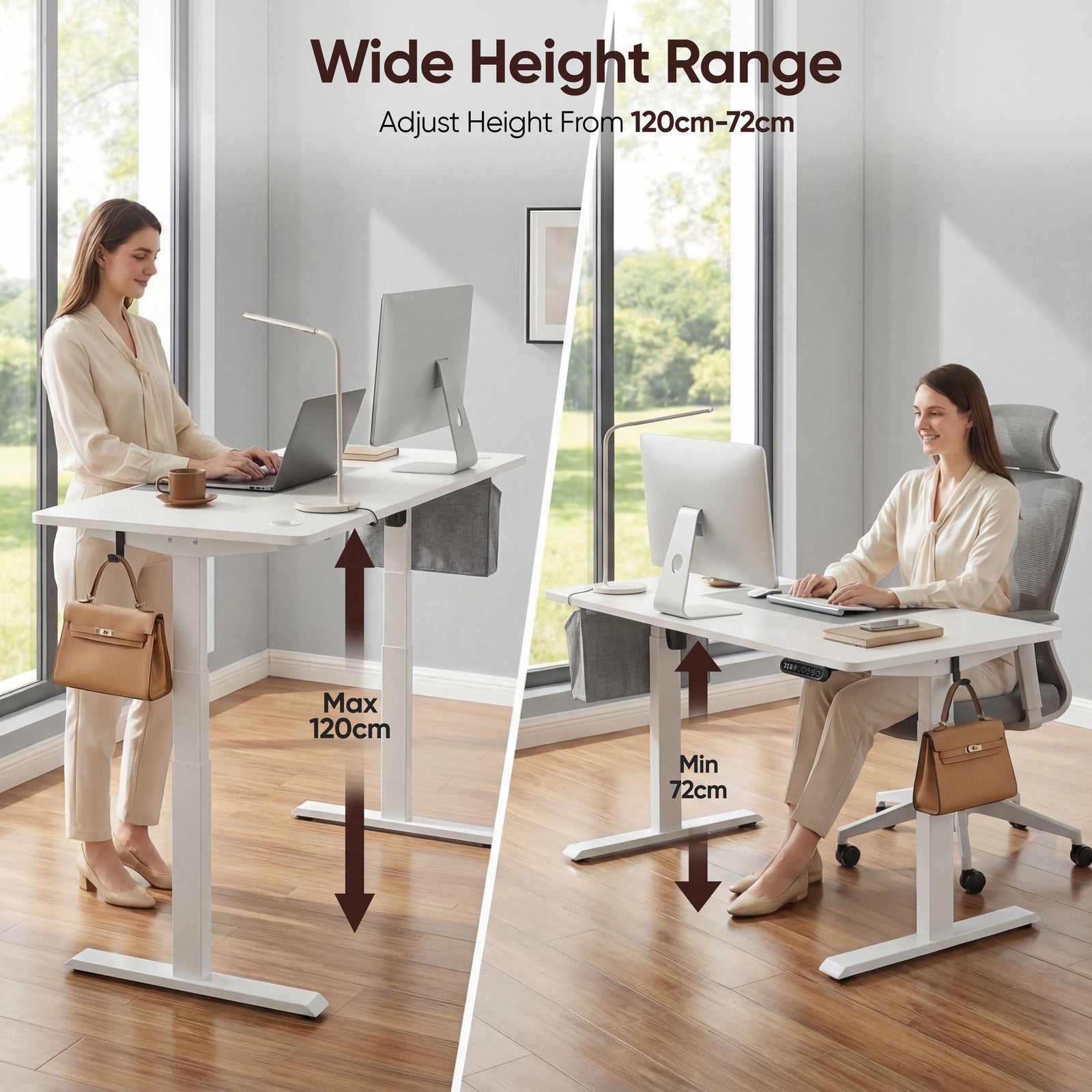 [110cm x 60cm] Two-pane shot of 110x60cm white electric standing desk: woman standing at 120cm and seated at 72cm