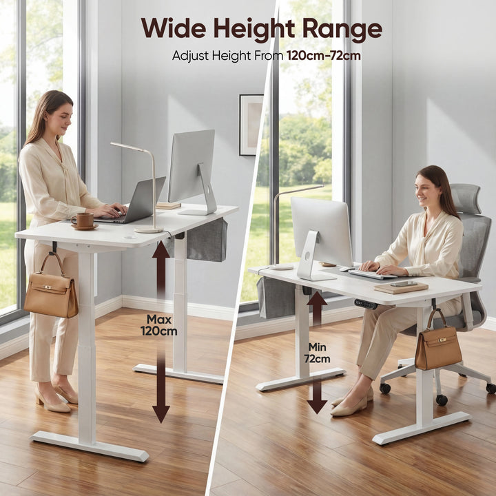 [110cm x 60cm] Two-pane shot of 110x60cm white electric standing desk: woman standing at 120cm and seated at 72cm