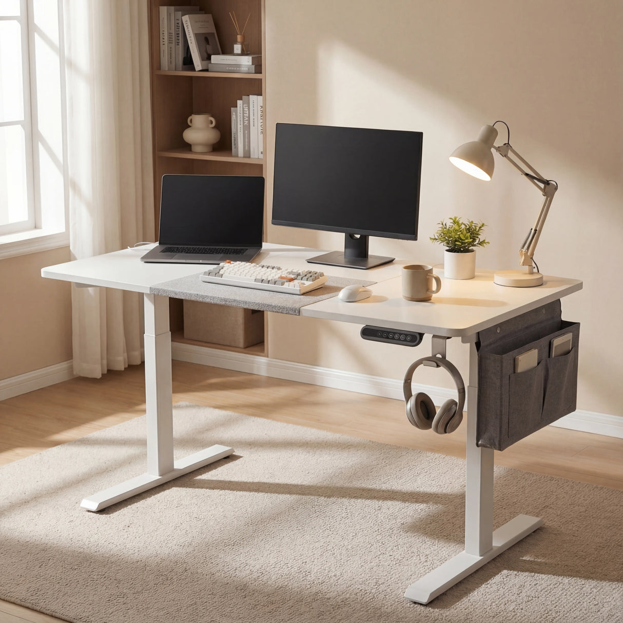 White Electric Standing Desk - Height Adjustable Office Desk with dual monitor setup, lamp, and side storage in modern home office.
