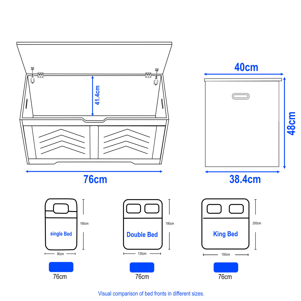 Storage Chest - Wooden Box With Lid For Blankets, Clothes or Toys in natural wood finish, measuring 76cm wide, 48cm high, and 40cm deep. Features a hinged lid and cut-out handles for easy access.