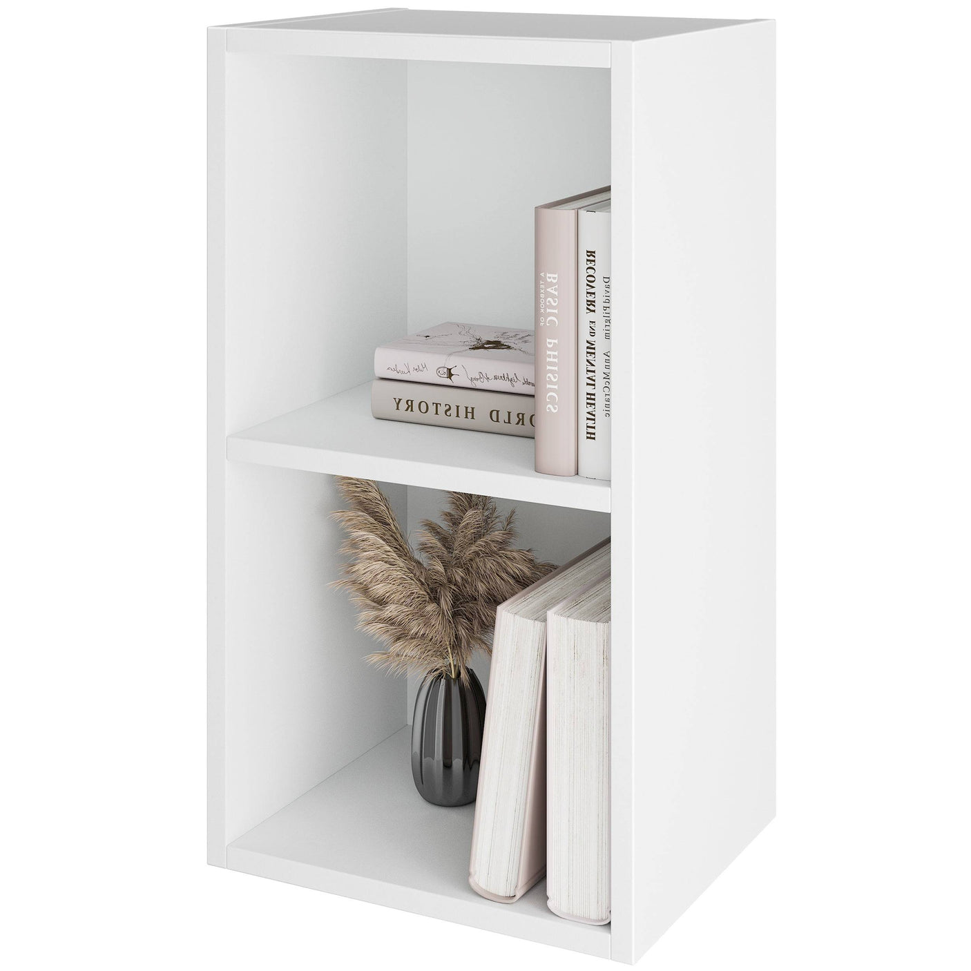 Blisswood white narrow bookcase with books and vase, compact and stylish storage for small rooms.