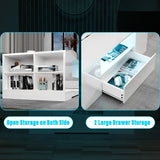 White storage unit with open shelves and a drawer, featuring text on storage capacity.