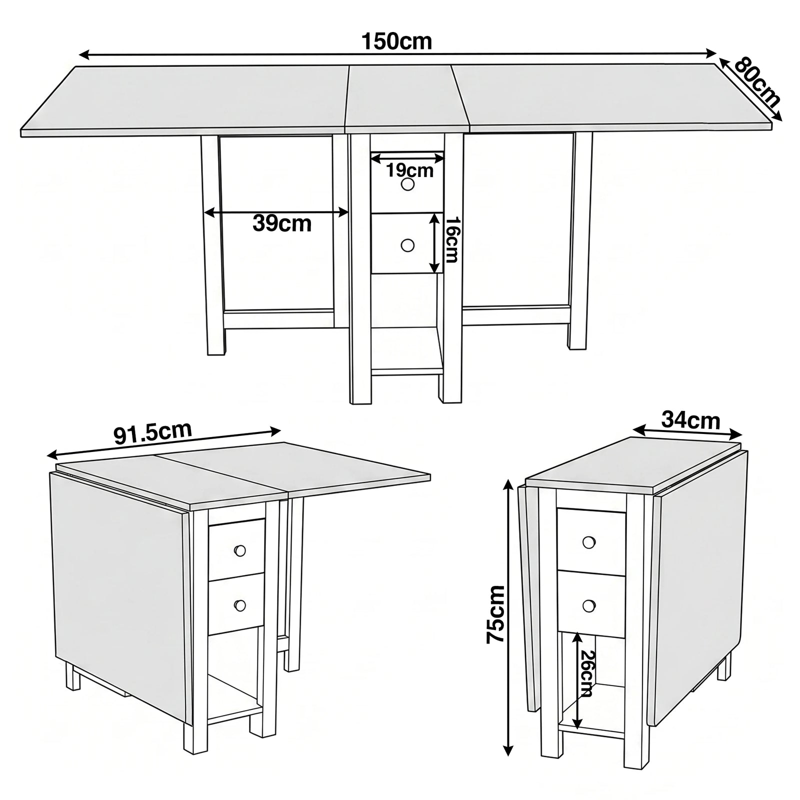 [White] Stovra Drop Leaf Dining Table technical drawing showing fully extended, half open, and folded dimensions