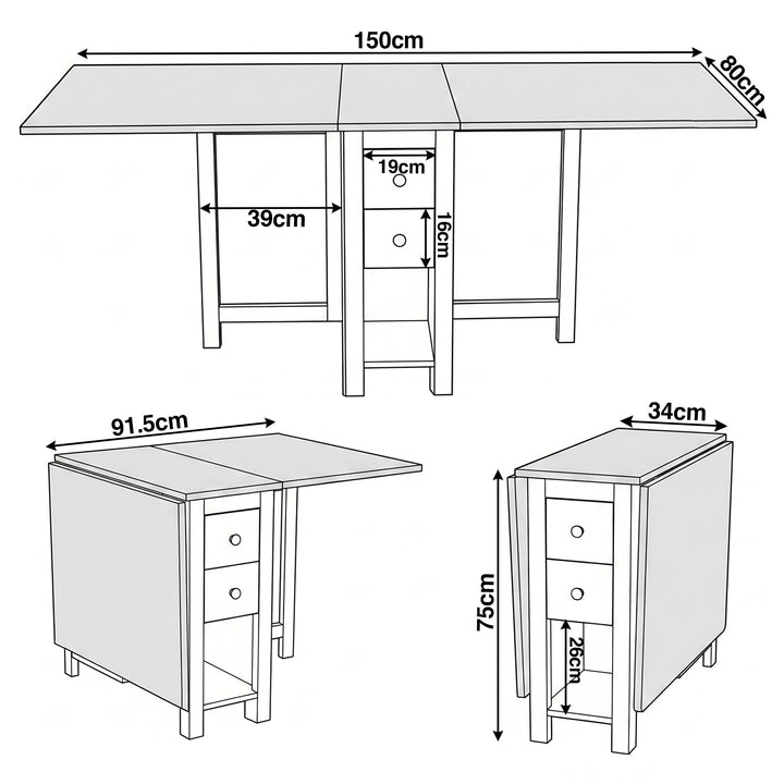 [White] Stovra Drop Leaf Dining Table technical drawing showing fully extended, half open, and folded dimensions