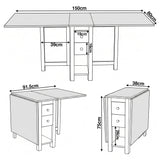 [White] Stovra Drop Leaf Dining Table technical drawing showing fully extended, half open, and folded dimensions