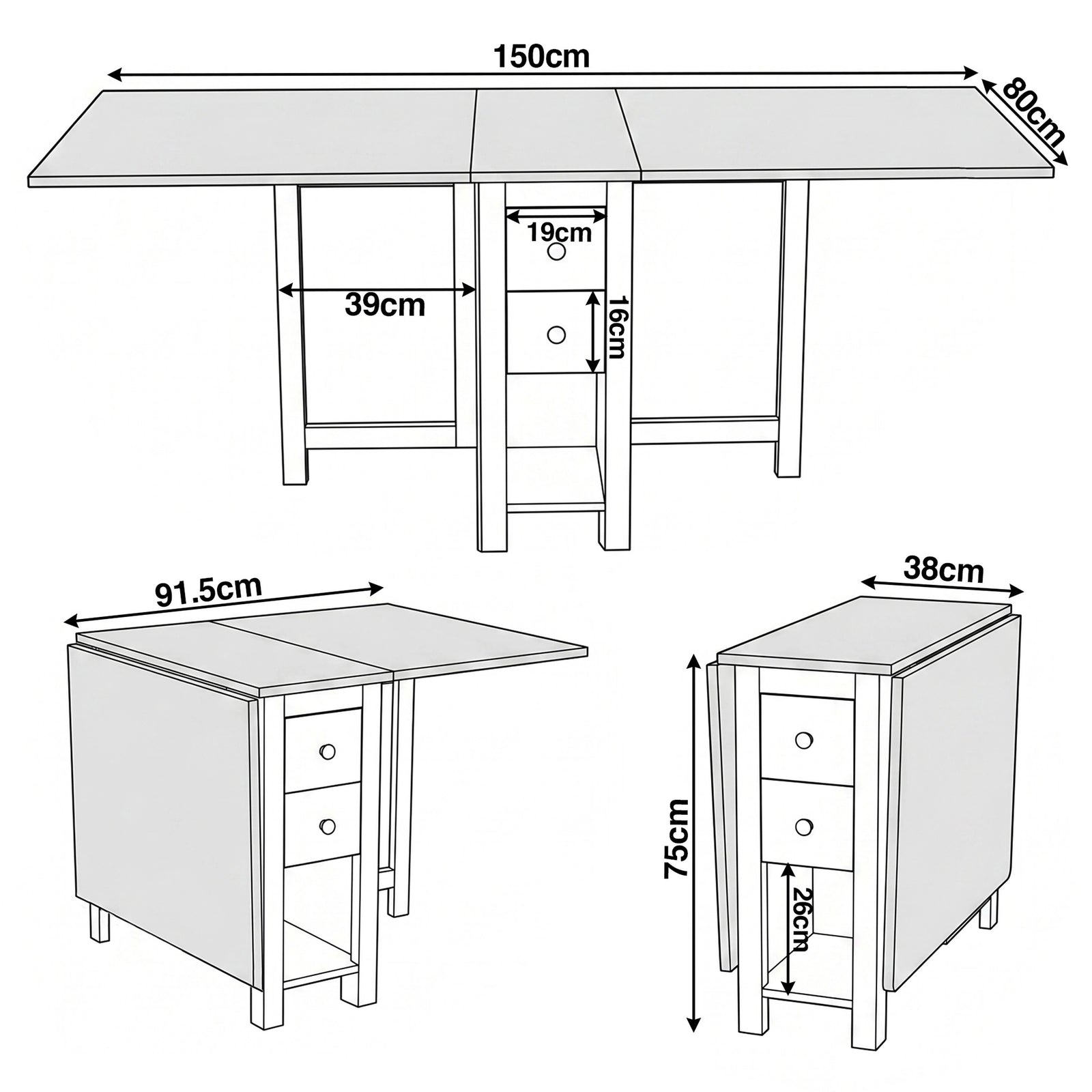 [White] Stovra Drop Leaf Dining Table technical drawing showing fully extended, half open, and folded dimensions