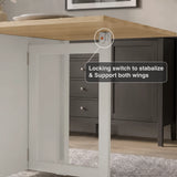 [White] Stovra Drop Leaf Dining Table locking switch mechanism callout showing wing stabiliser hardware close up