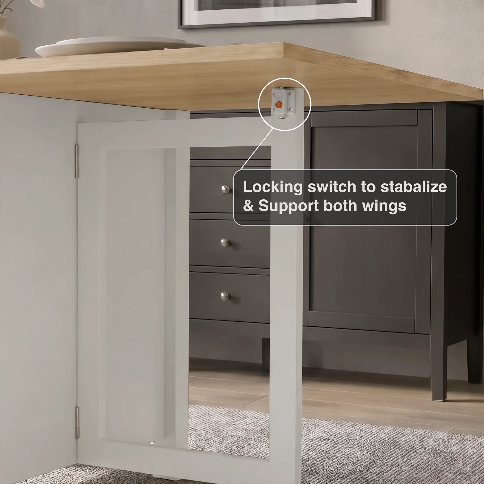 [White] Stovra Drop Leaf Dining Table locking switch mechanism callout showing wing stabiliser hardware close up