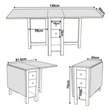 [White] Stovra Drop Leaf Dining Table technical drawing showing fully extended, half open, and folded dimensions