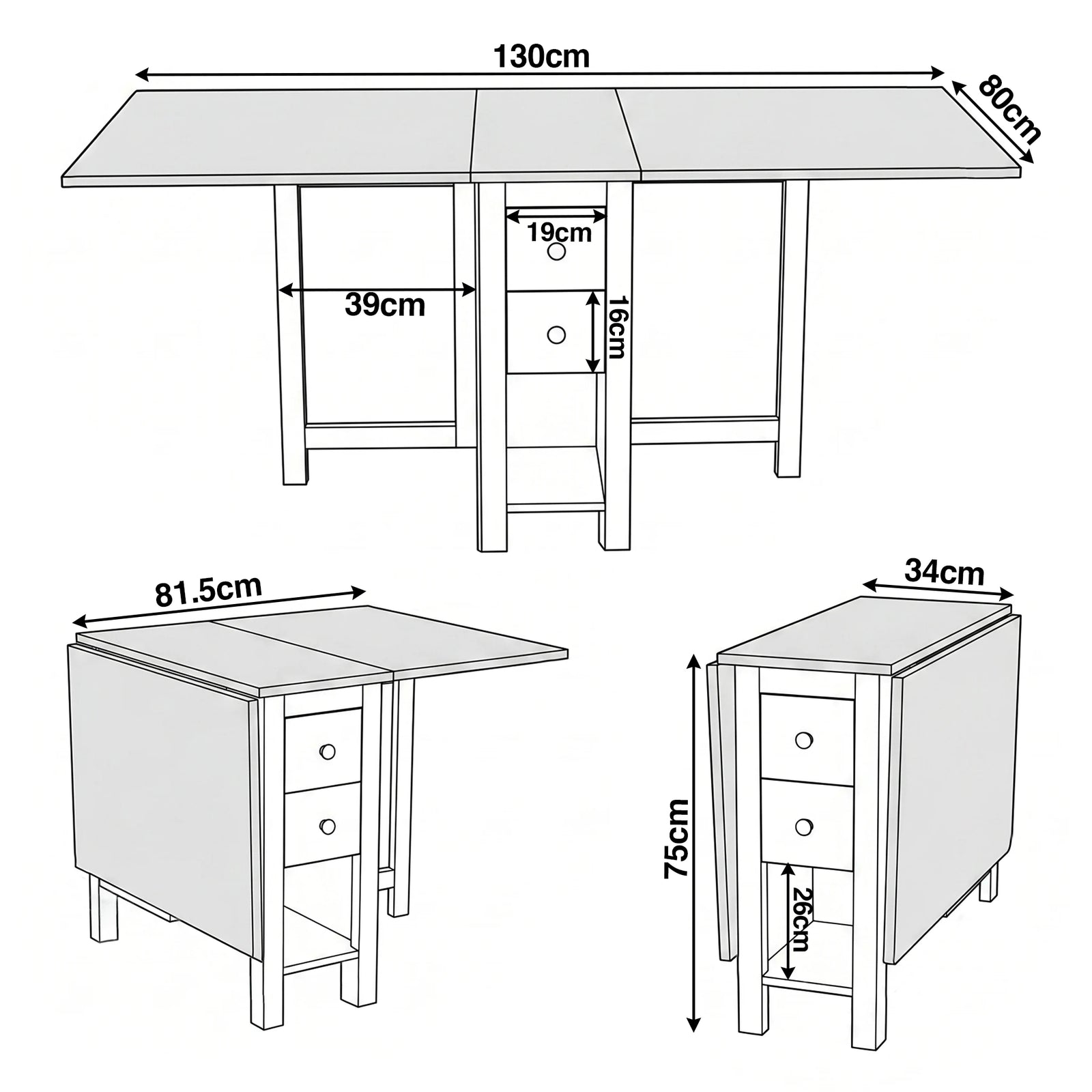[White] Stovra Drop Leaf Dining Table technical drawing showing fully extended, half open, and folded dimensions
