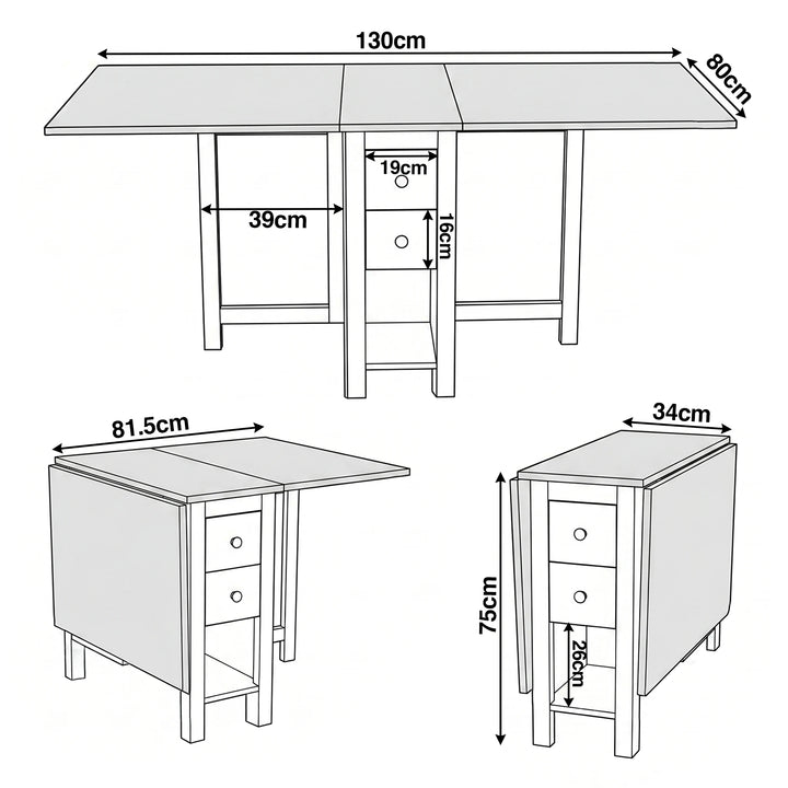 [White] Stovra Drop Leaf Dining Table technical drawing showing fully extended, half open, and folded dimensions