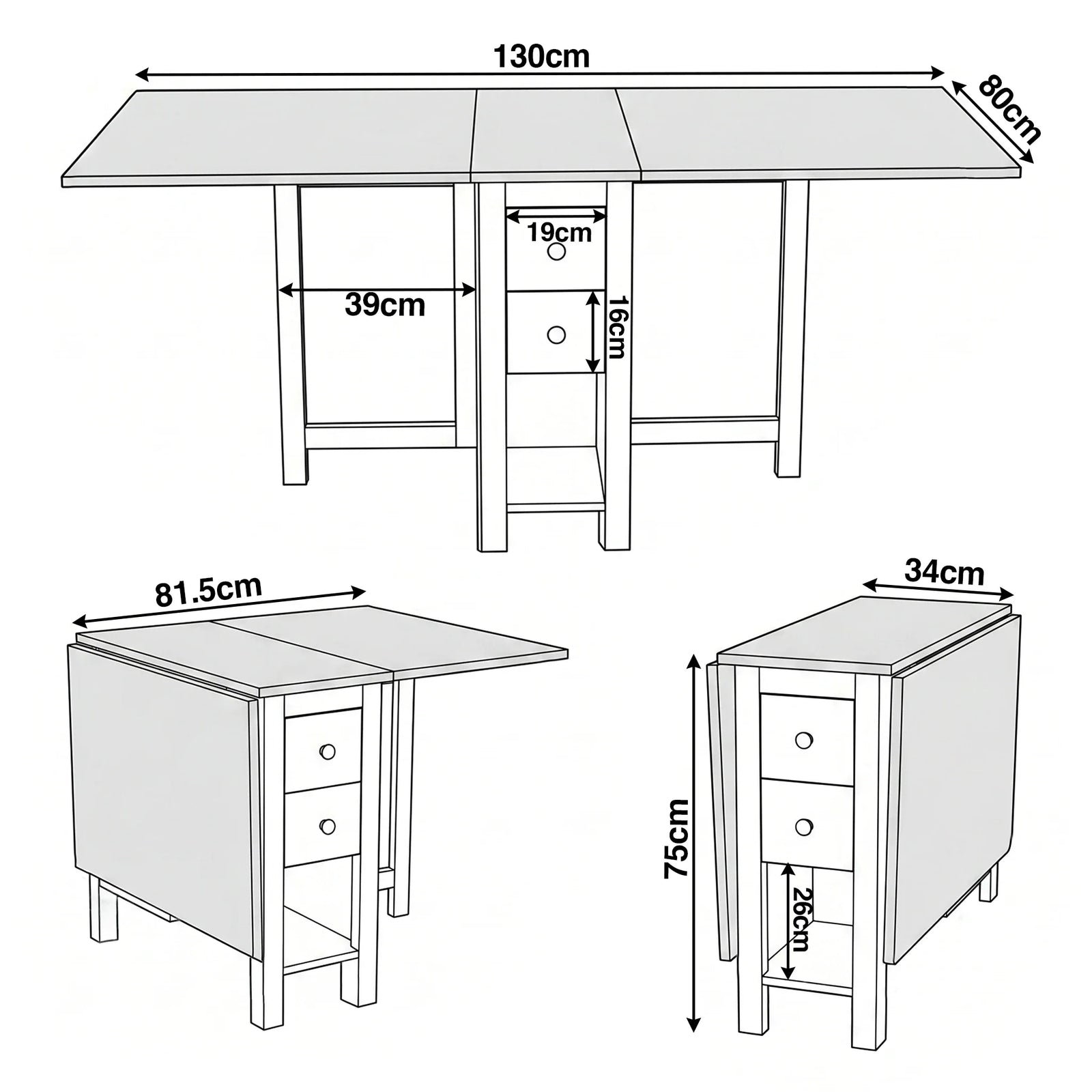 [White] Stovra Drop Leaf Dining Table technical drawing showing fully extended, half open, and folded dimensions