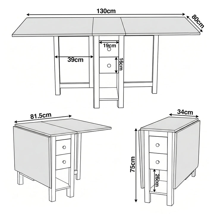 [White] Stovra Drop Leaf Dining Table technical drawing showing fully extended, half open, and folded dimensions