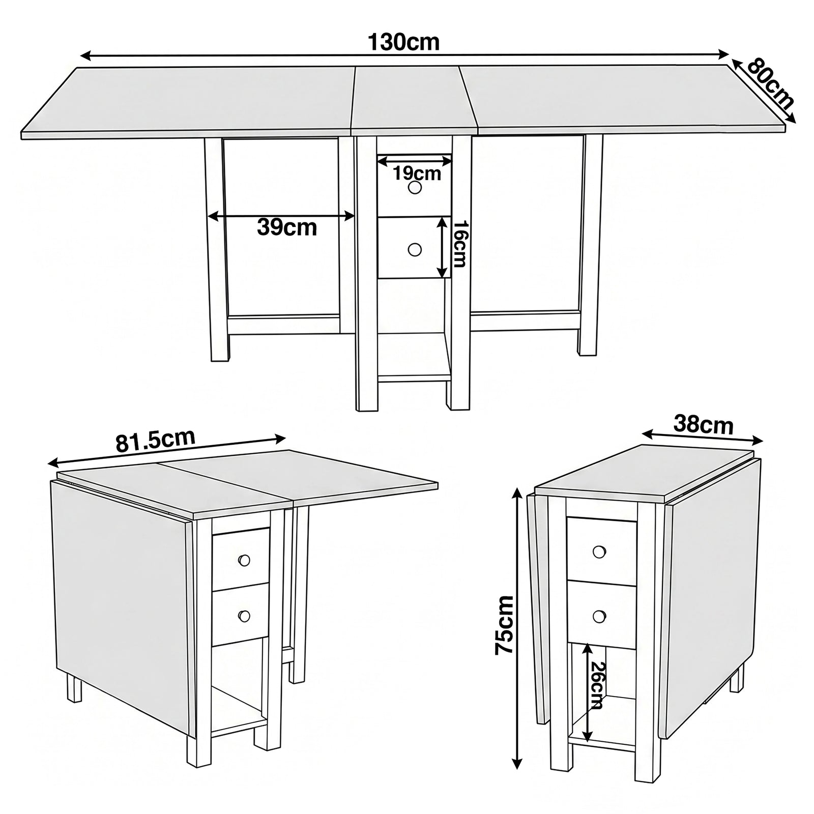 [White] Stovra Drop Leaf Dining Table technical drawing showing fully extended, half open, and folded dimensions