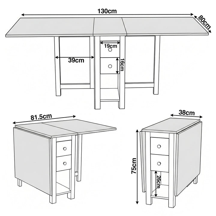 [White] Stovra Drop Leaf Dining Table technical drawing showing fully extended, half open, and folded dimensions