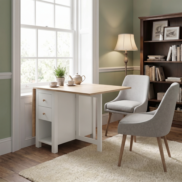 [White] Stovra Drop Leaf Dining Table with one leaf open styled as a small dining table beside two grey chairs