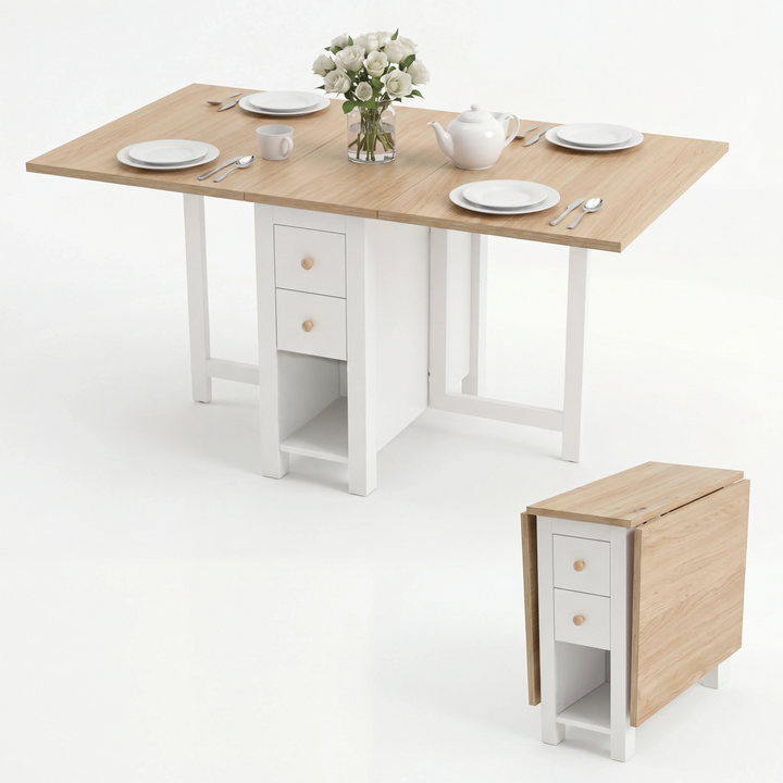 [White] Stovra Drop Leaf Dining Table with Storage shown fully extended set for a meal, alongside its compact folded view.