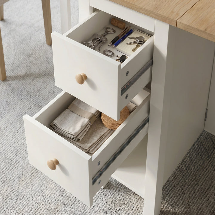 [White] Stovra Drop Leaf Dining Table both drawers open showing cutlery and stationery in top and linens below