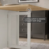 [White] Stovra Drop Leaf Dining Table locking switch mechanism detail showing wing stabiliser hardware close up