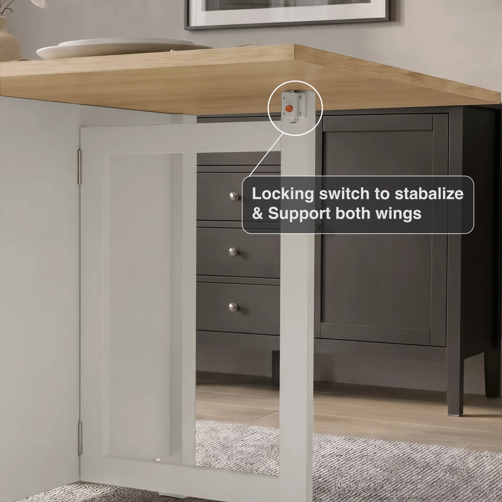 [White] Stovra Drop Leaf Dining Table locking switch mechanism detail showing wing stabiliser hardware close up