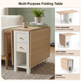 [White] Stovra Drop Leaf Dining Table infographic showing fully expanded, half folded, and folded configurations