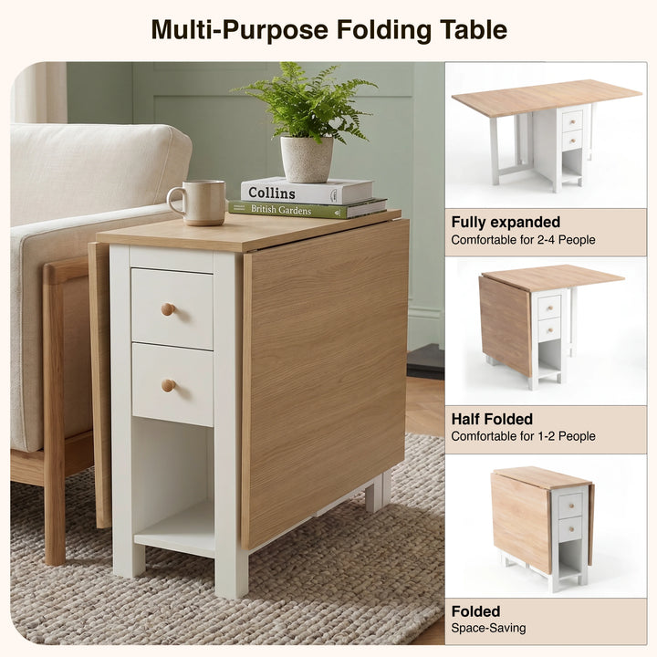 [White] Stovra Drop Leaf Dining Table infographic showing fully expanded, half folded, and folded configurations