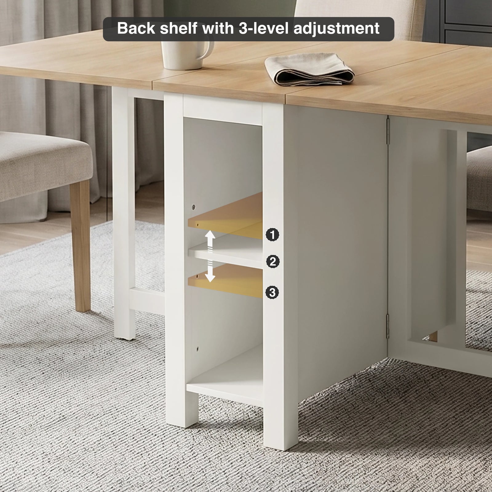 [White] Stovra Drop Leaf Dining Table back shelf detail showing 3-level height adjustment positions