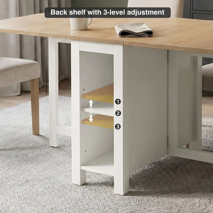 [White] Stovra Drop Leaf Dining Table back shelf detail showing 3-level height adjustment positions