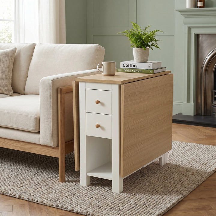 [White] Stovra Drop Leaf Dining Table used as a side table beside a sofa with one leaf extended and plant on top