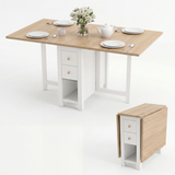 [White] Stovra Folding Dining Table with Storage shown fully extended set for a meal, alongside its compact folded view.