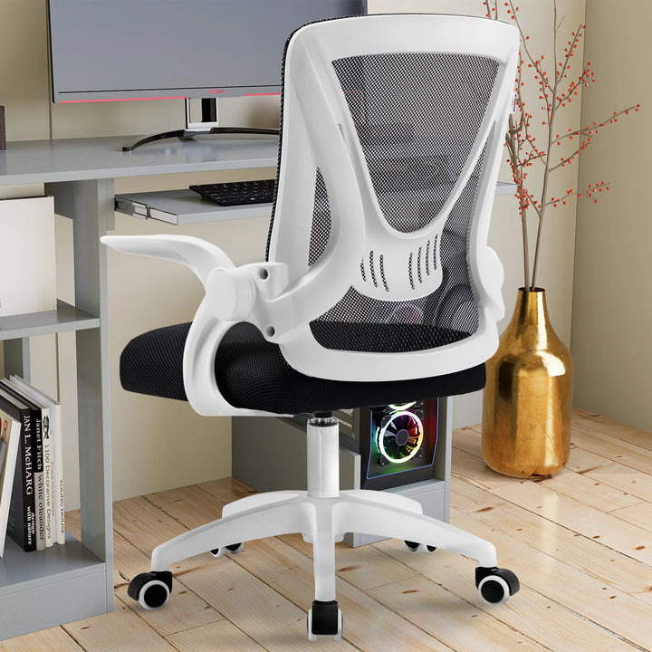 [White] PC chair with breathable mesh backrest, providing comfort during long computing sessions at your workstation.