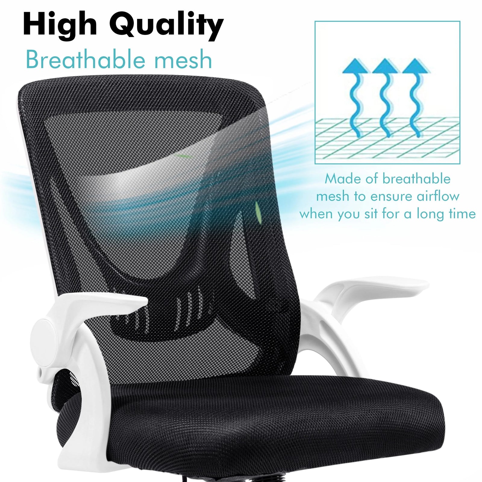 [White] Close-up of white small office chair featuring breathable mesh for improved airflow and comfort.