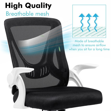 Close-up of white small office chair featuring breathable mesh for improved airflow and comfort.