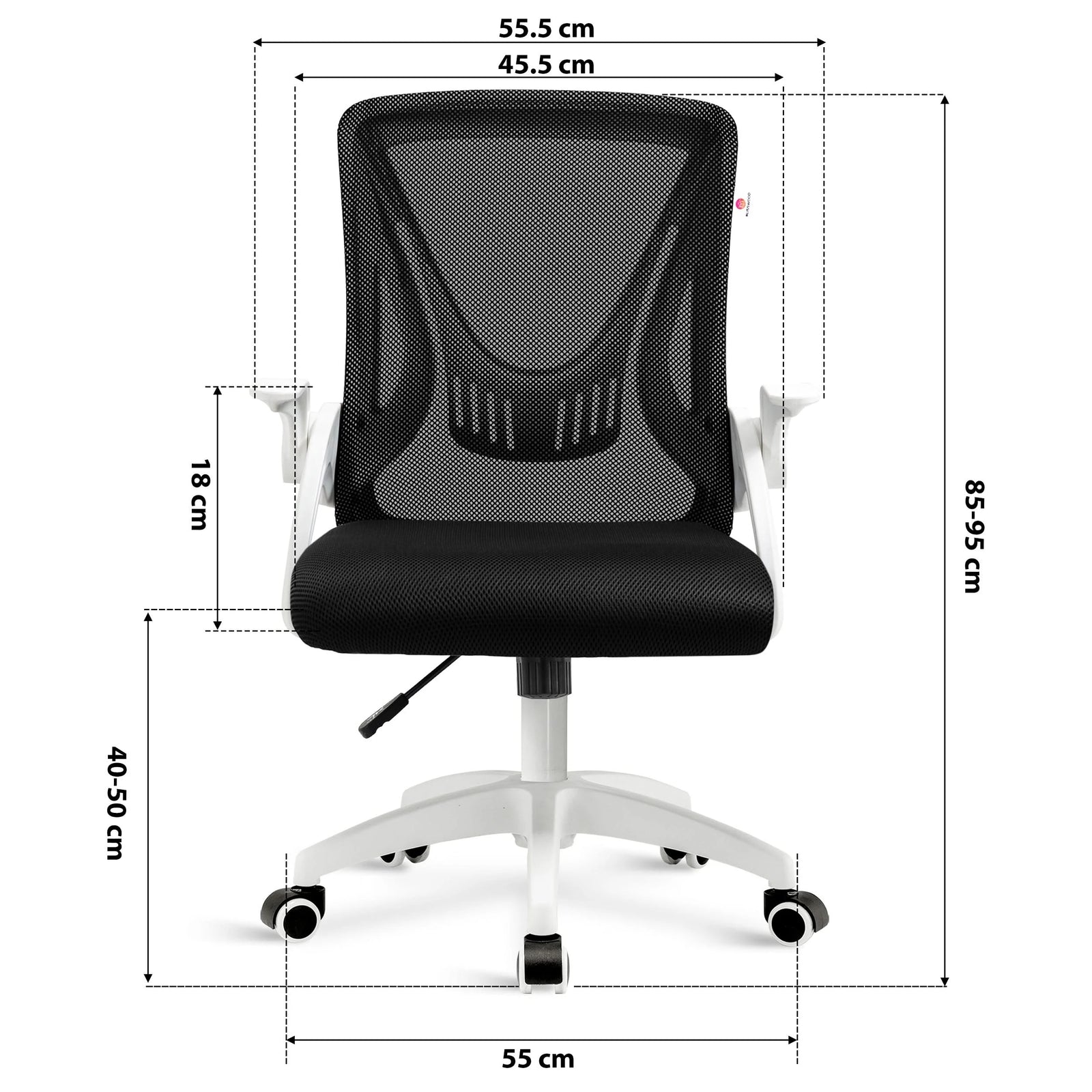 [White] Dimensions of white swivel desk chair: 45.5cm seat width, 55cm wheelbase, adjustable 85–95cm height and mesh backrest.