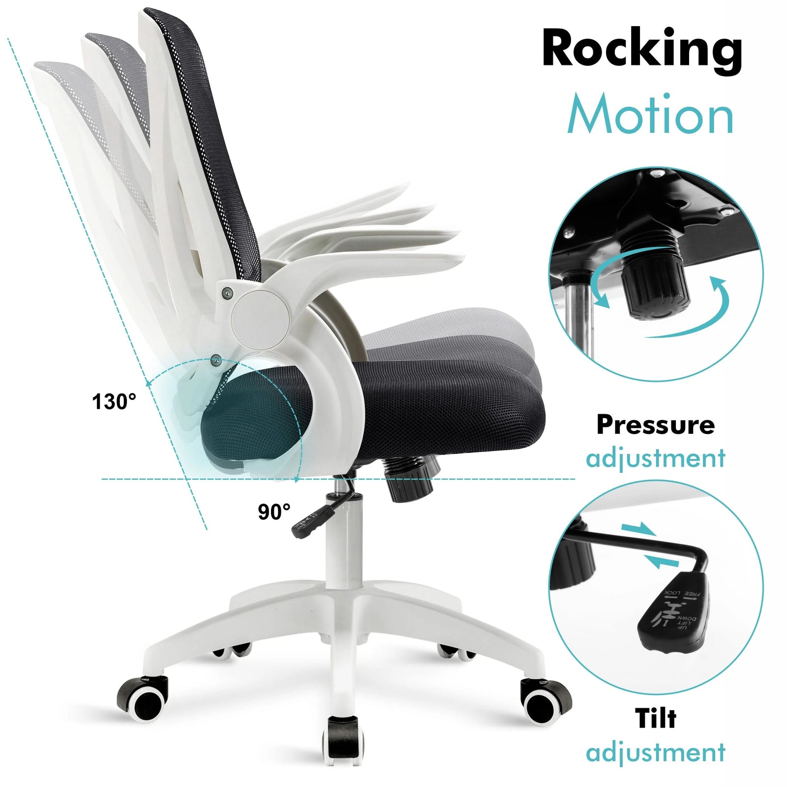 [White] White mesh office chair with adjustable height and tilt lock for a comfortable, ergonomic seating experience.