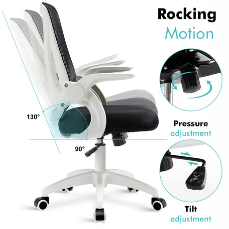 White mesh office chair with adjustable height and tilt lock for a comfortable, ergonomic seating experience.