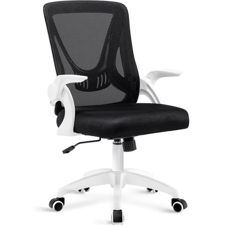 White comfortable office chair with breathable mesh backrest, padded seat, and easy height adjustment.