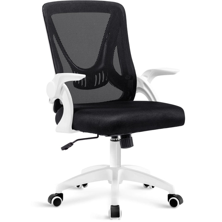 [White] White comfortable office chair with breathable mesh backrest, padded seat, and easy height adjustment.