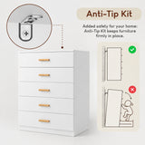 [White] Feature graphic showing the wall-mounting Anti-Tip Kit safety feature for the White 5 Drawer Chest.