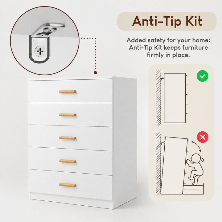 [White] Feature graphic showing the wall-mounting Anti-Tip Kit safety feature for the White 5 Drawer Chest.